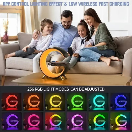 5-in-1 Smart Wireless Charging Station – Alarm Clock, Bluetooth Speaker, RGB Night Light, Sunrise Wake-Up Lamp & Fast Charger for iPhone, Samsung & More