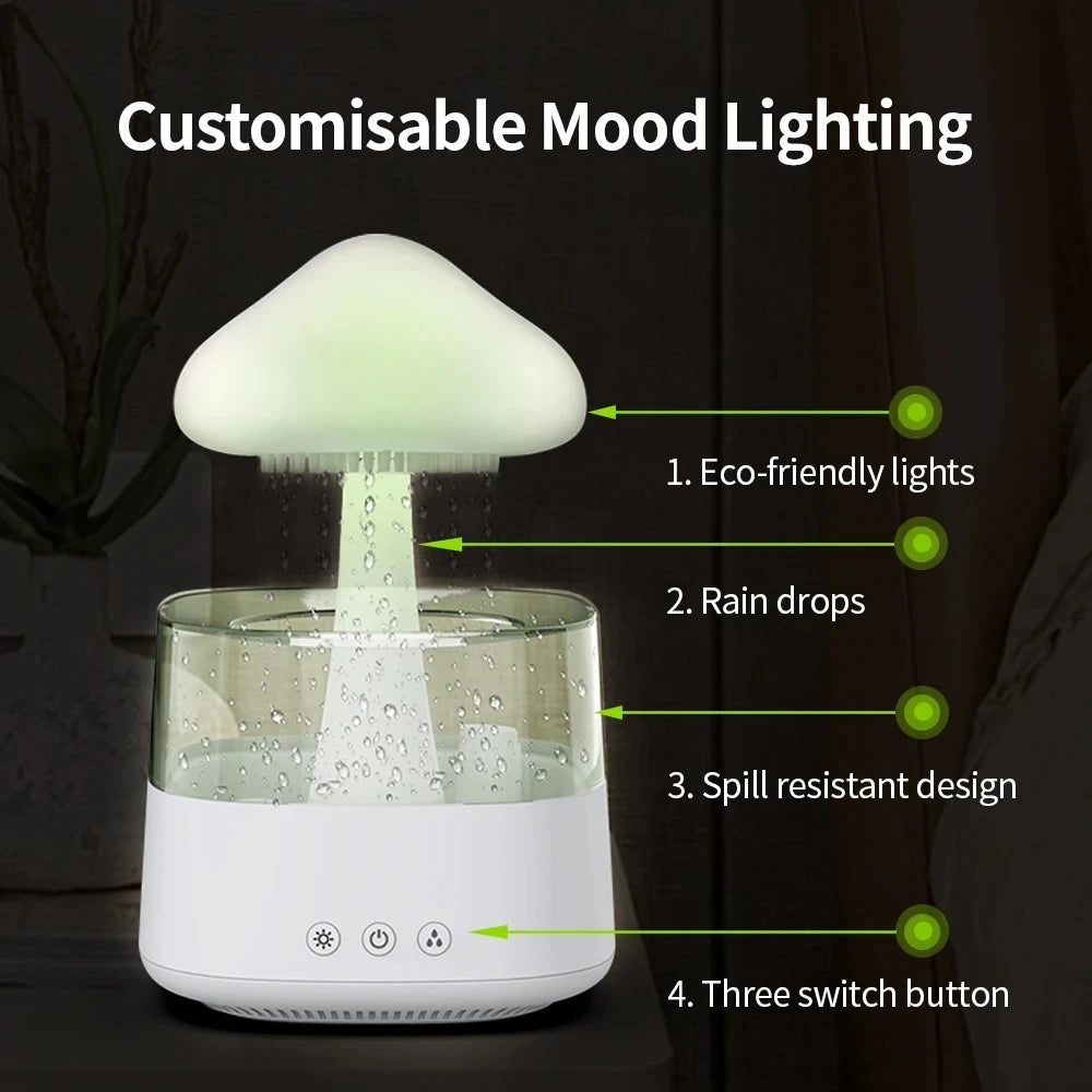 Mushroom-Inspired Electric Aroma Diffuser and Humidifier with Rain Cloud Design, Soothing Water Sounds, and Colorful Night Lights