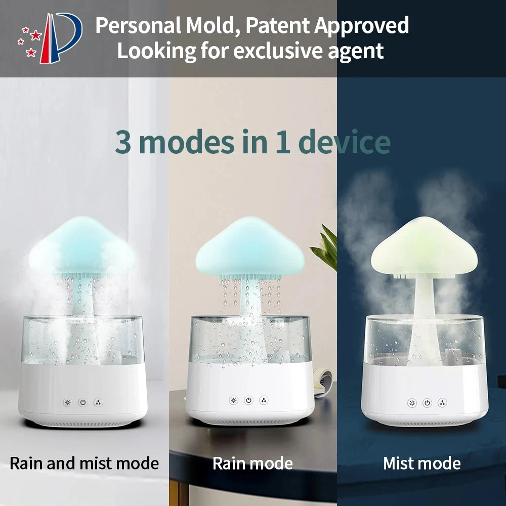 Mushroom-Inspired Electric Aroma Diffuser and Humidifier with Rain Cloud Design, Soothing Water Sounds, and Colorful Night Lights